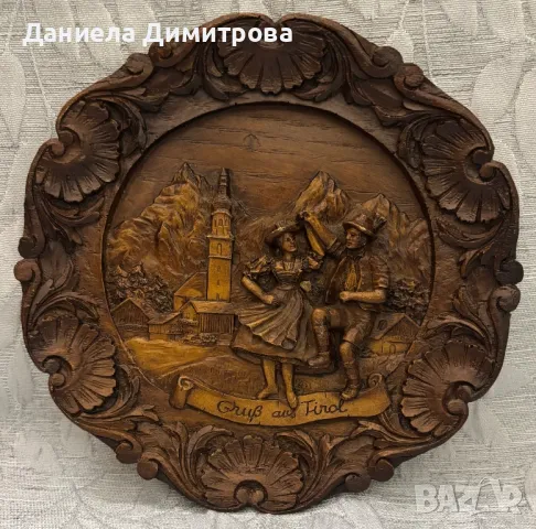 Ретро стенна чиния, дърворезба, снимка 1