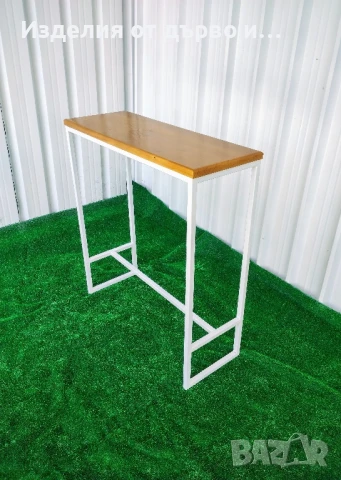 Бар маса с бяла метална конструкция и дървен плот от масив , снимка 3 - Маси - 51102848