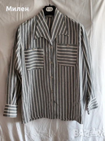 Дамска риза сиви и бели райета – винтидж стил, дълъг ръкав