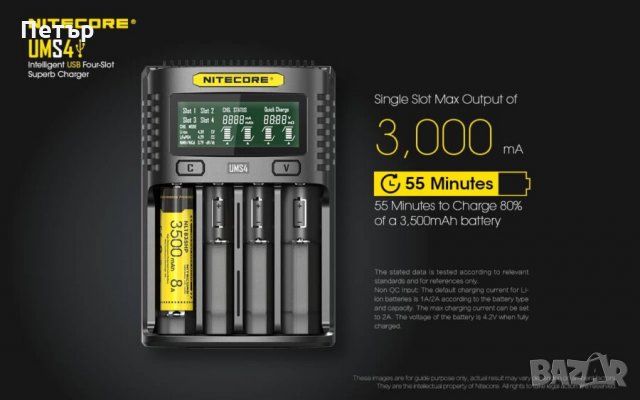 Зарядно за батерии Nitecore UMS2 UMS4 с QC3 адаптер, снимка 3 - Друга електроника - 29540935