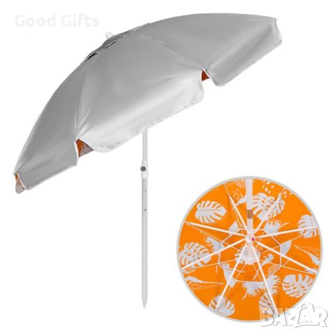 Плажен чадър, ветроустойчив, накланящ се, оранжев с шарка на листа UV ~50 - 2 м, снимка 1 - Други - 41360362