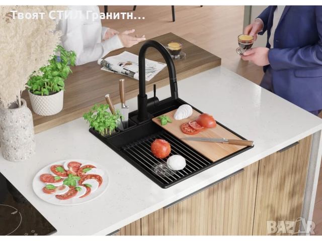 Черна кухненска гранитна мивка Ню Йорк 50 Multispace 480 x 530 мм, снимка 3 - Мивки - 51286156