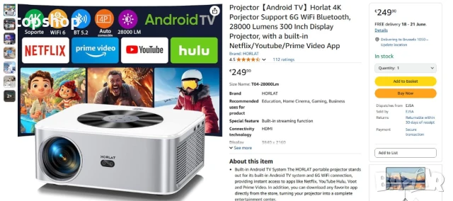 НОВ, ПЕРФЕКТЕН проектор【Android TV】Horlat 4K с поддръжка на 6G WiFi Bluetooth, 28000 лумена, 300"..., снимка 2 - Плейъри, домашно кино, прожектори - 50623774