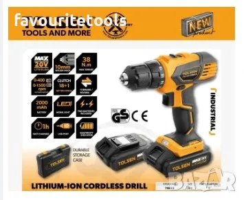 Акумулаторен винтоверт Tolsen, 18V, 38Nm, 2 батерии, зарядно, допълнителни свредла и битове, снимка 4 - Винтоверти - 38851075