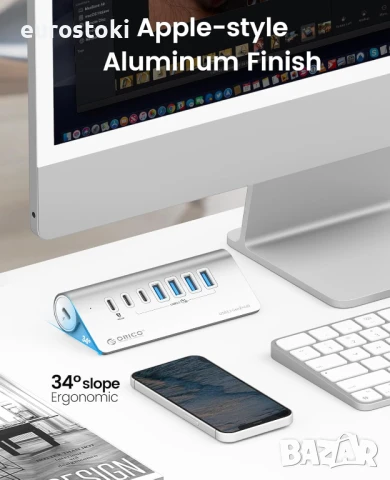 ORICO захранван USB хъб 10Gbps, 7-портов USB 3.2 Gen 2 хъб, 6 USB 3.2 порта за данни, 1 PD 60W, снимка 3 - Кабели и адаптери - 51253607