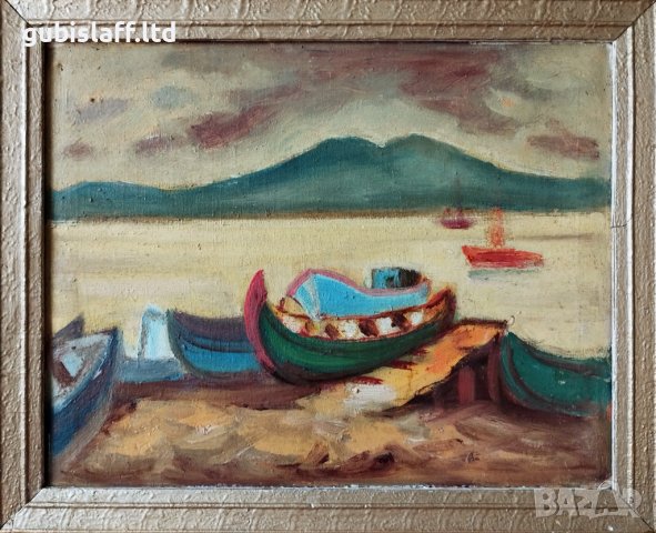 Стара картина, пейзаж, море, лодки,Борис Краев, 1970-те год., снимка 1 - Картини - 31273942