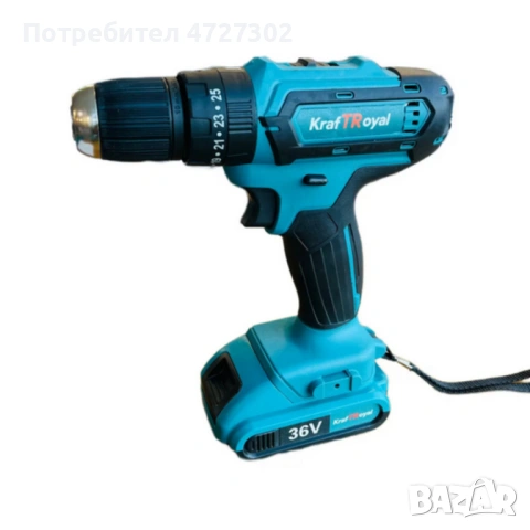 Aкумулаторен винтоверт Kraft Royal 36V с 2 батерии 8Ah, 24 части и куфар — дълготрайна мощност, бърз, снимка 5 - Винтоверти - 53354359
