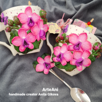 Декорирани чаши "Орхидеи"/ ръчна изработка , снимка 7 - Чаши - 36297026