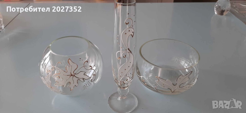 Вазичка и купички, ръчно рисувано стъкло със златен кант, снимка 1