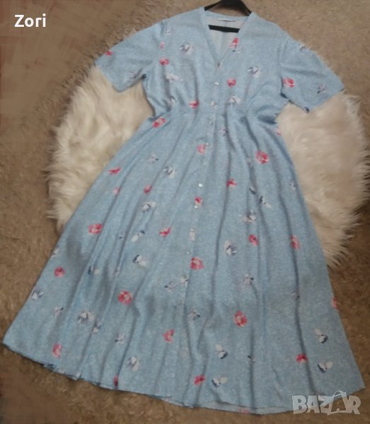 РАЗКОШНА светлосиня дълга рокля на цветя с V-образно деколте, снимка 1