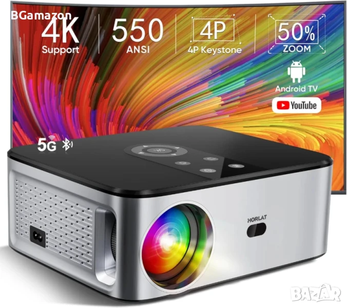 НОВ, ПРОВЕРЕН HORLAT Проектор с 300", 4K, 25000 лумена, оригинален 1080P WiFi Bluetooth проектор..., снимка 1