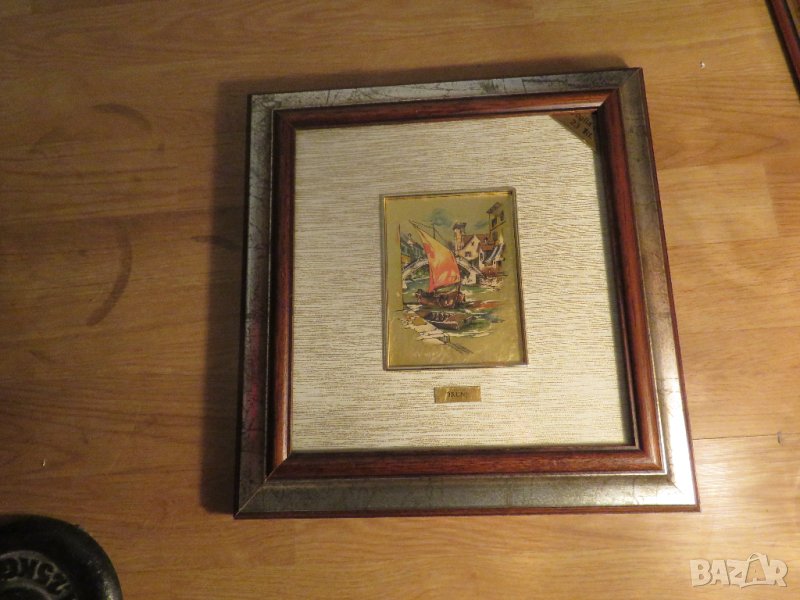 Голяма стара златна картина - две стари  лодки с рисувано златно фолио с маркировка морски, снимка 1