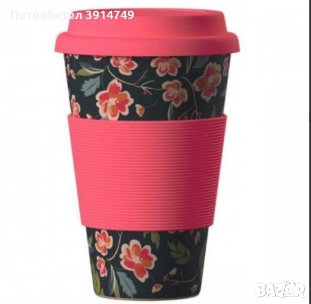 Екологично чиста чаша с капак, за многократна употреба, бамбукова материя, 400мл, Черешов Цвят, НОВА, снимка 1