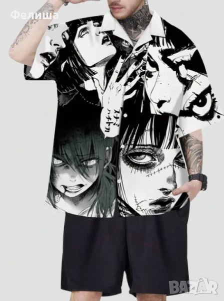  	Уникална Мъжка Риза Аниме / Манга / Арт Хорър Лица Дизайн , снимка 1