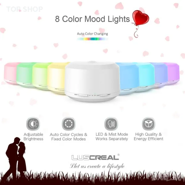 Арома дифузер/ овлажнител с ЛЕД светлина 450 мл от LUSCREAL, снимка 1