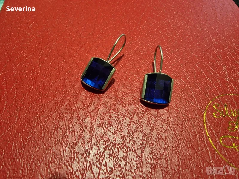 Авторски,сребърни обеци с голям син камък , снимка 1