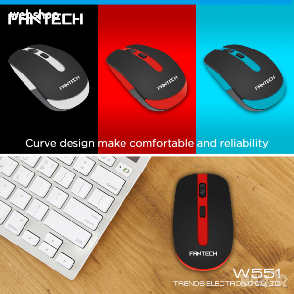 Оптична безжична мишка W551 цветове USB DPI=1600 / Черен, Червен, Син, снимка 1