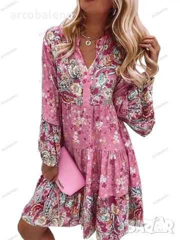 Дамска мини рокля с V-образно деколте и щампована флорална мозайка с дълги ръкави, 3цвята, снимка 2 - Рокли - 41244682