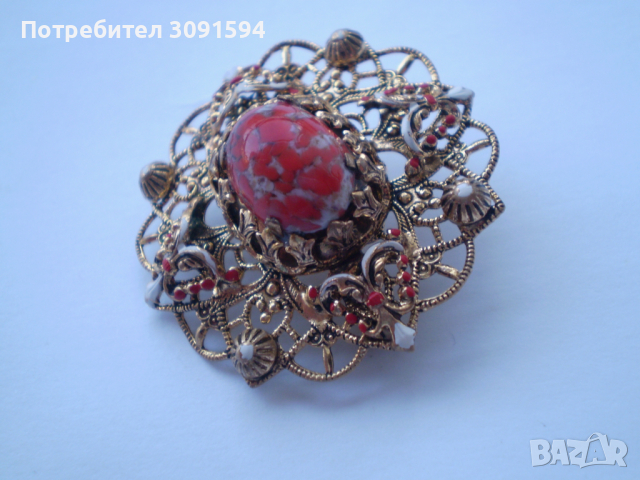 Винтич брошка филигран с червено многоцветно стъкло, снимка 6 - Антикварни и старинни предмети - 36409612