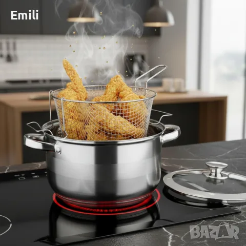 Тенджера с кошница за пържене и стъклен капак Cheffinger Ø24 см - инокс, 6,5 л, за всички котлони 