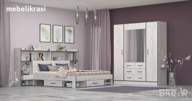 Спален комплект  Лайт за матрак 160/200см,Надстройка,Ракла,Чекмеджета,Огледала, Дъб бланко/Антрацит