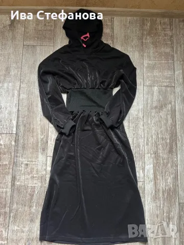 Нова дълга черна прилеп ръкав еластична спортна елегантна рокля качулка памук памучна , снимка 5 - Рокли - 48816758