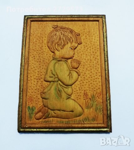 Стара Дървена Картина с Рамка - Момче - Дърворезба , снимка 2 - Картини - 42069437