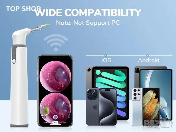 SMART Отоскоп ScopeAround 3,9 мм ултратънък безжичен цифров отоскоп WiFi ушен отоскоп със светлина, снимка 5 - Друга електроника - 49049704