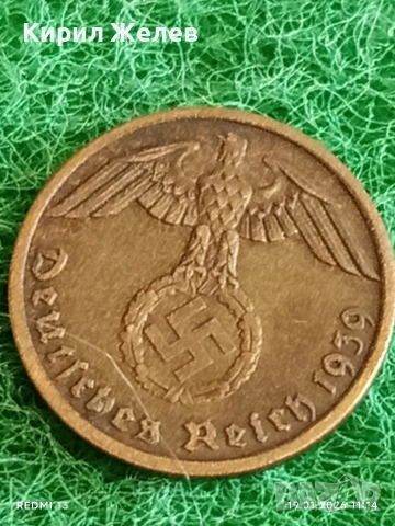 Две монети 1 райхсфенинг 1939г. Трети Райх Германия с свастика 53325, снимка 3 - Нумизматика и бонистика - 53148412