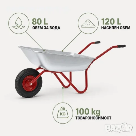 ️ Поцинкована градинска количка 80/120 L, до 100 kg, снимка 2 - Градински инструменти - 56152506