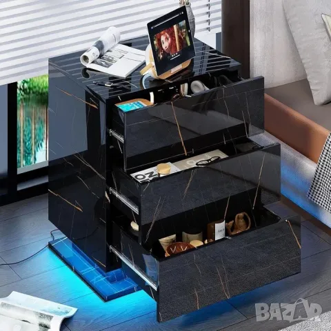 Нощни шкафчета Бял/Черен гланц/мрамор лед LED осветление, 3 чекмеджета, снимка 8 - Шкафове - 48668606