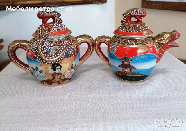 Японски комплект захарница и каничка за чай Satsuma. С богато рисувана релефна декорация. , снимка 2 - Декорация за дома - 51327811