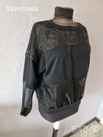 Блуза в черно с тюлен ръкав тип суитшърт-10,00лв., снимка 2 - Блузи с дълъг ръкав и пуловери - 42666625