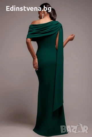 Дамска дълга изумрудено зелена рокля с голо рамо и елегантна драперия, снимка 2 - Рокли - 52391971