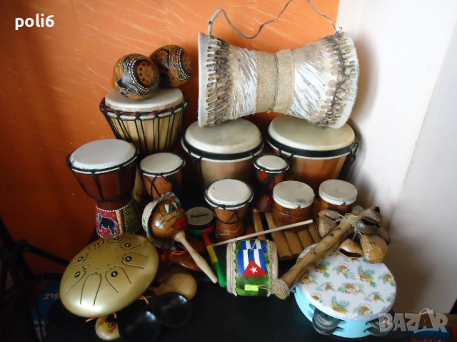 тарамбука, маракас , кастанети, там-там ,барабан-език ,ксилофон,бонгоси