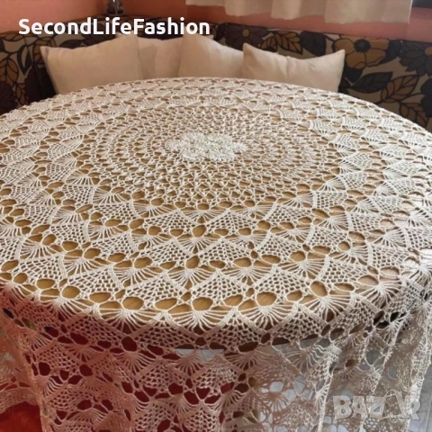 Ретро ръчно плетена кухненска покривка, кръгла,160 см екрю, ретро, ​​ръчна изработка една кука , снимка 2 - Покривки за маси - 52817116