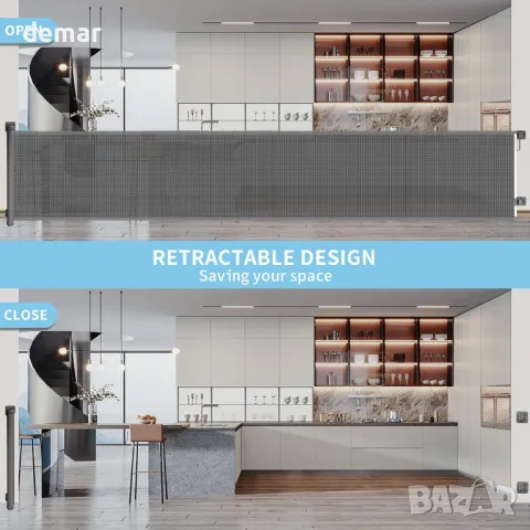 BECROWM Изключително широка прибираща се порта за бебета за големи отвори, (сиво, 250 см), снимка 2 - Други стоки за дома - 48836251