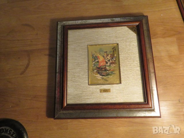 Голяма стара златна картина - две стари  лодки с рисувано златно фолио с маркировка морски