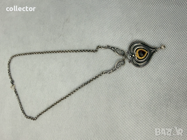 Сребърно колие с гранат и позлата - Ар Деко. №7774, снимка 6 - Колиета, медальони, синджири - 52847565