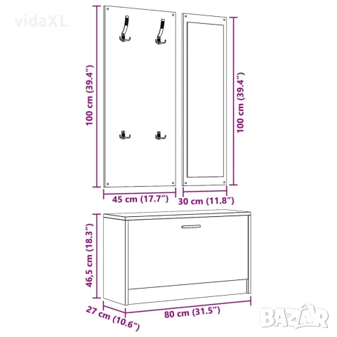 vidaXL 3-в-1 портманто, бял, инженерно дърво, снимка 8 - Портманта - 56147092