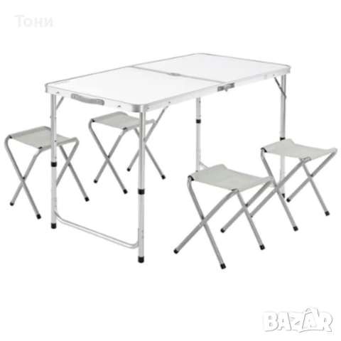 Комплект сгъваема алуминиева маса с 4 стола – идеален за къмпинг, двор и почивка