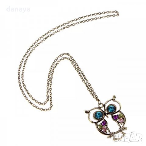 3287 Дамско колие Бухалче с цветни камъни, снимка 7 - Колиета, медальони, синджири - 38871588