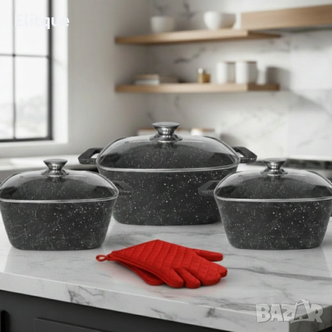 Комплект тенджери – Cheffinger от 3 части с мраморно покритие и капаци + подарък 2 ръкавици, снимка 4 - Съдове за готвене - 53122608