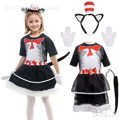 Нов Детски костюм черно коте рокля ушички опашка Хелоуин размер Л