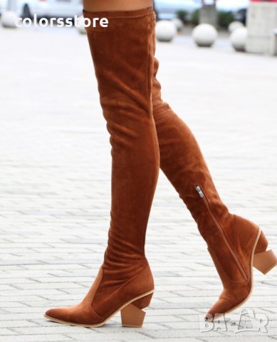 Ботуши на ток - кафяв велур - O350, снимка 2 - Дамски ботуши - 35711738