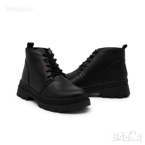 Дамски черни боти от естествена кожа с цип, връзки и грайферна подметка, снимка 3 - Дамски боти - 52203175