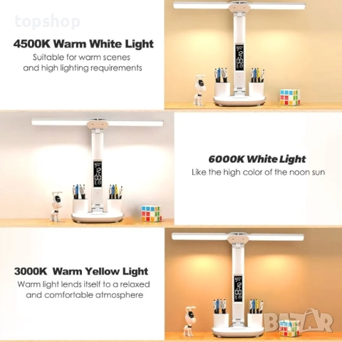 Чисто нова KISUFU Двойна LED настолна лампа с часовник и температурен дисплей, 3 цветни температури, снимка 5 - Настолни лампи - 52373147