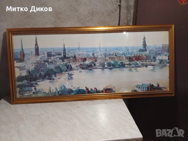 Hamburger Michel Landingsbrucken Binnenalsyer акварел подписан 90г панорама 132х58см Злат. рамка ст., снимка 3 - Картини - 55846251