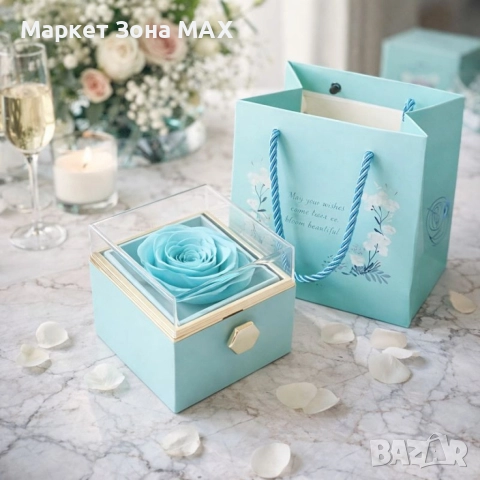 Красива Луксозна подаръчна кутия с консервирана синя роза и въртящо се чекмедже, снимка 3 - Подаръци за жени - 52864427