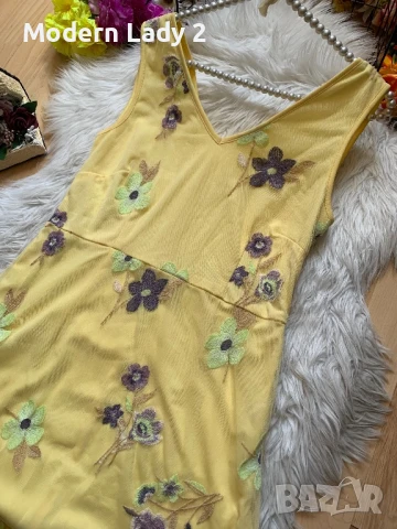 Дълга жълта рокля с бродерии, снимка 2 - Рокли - 50899279